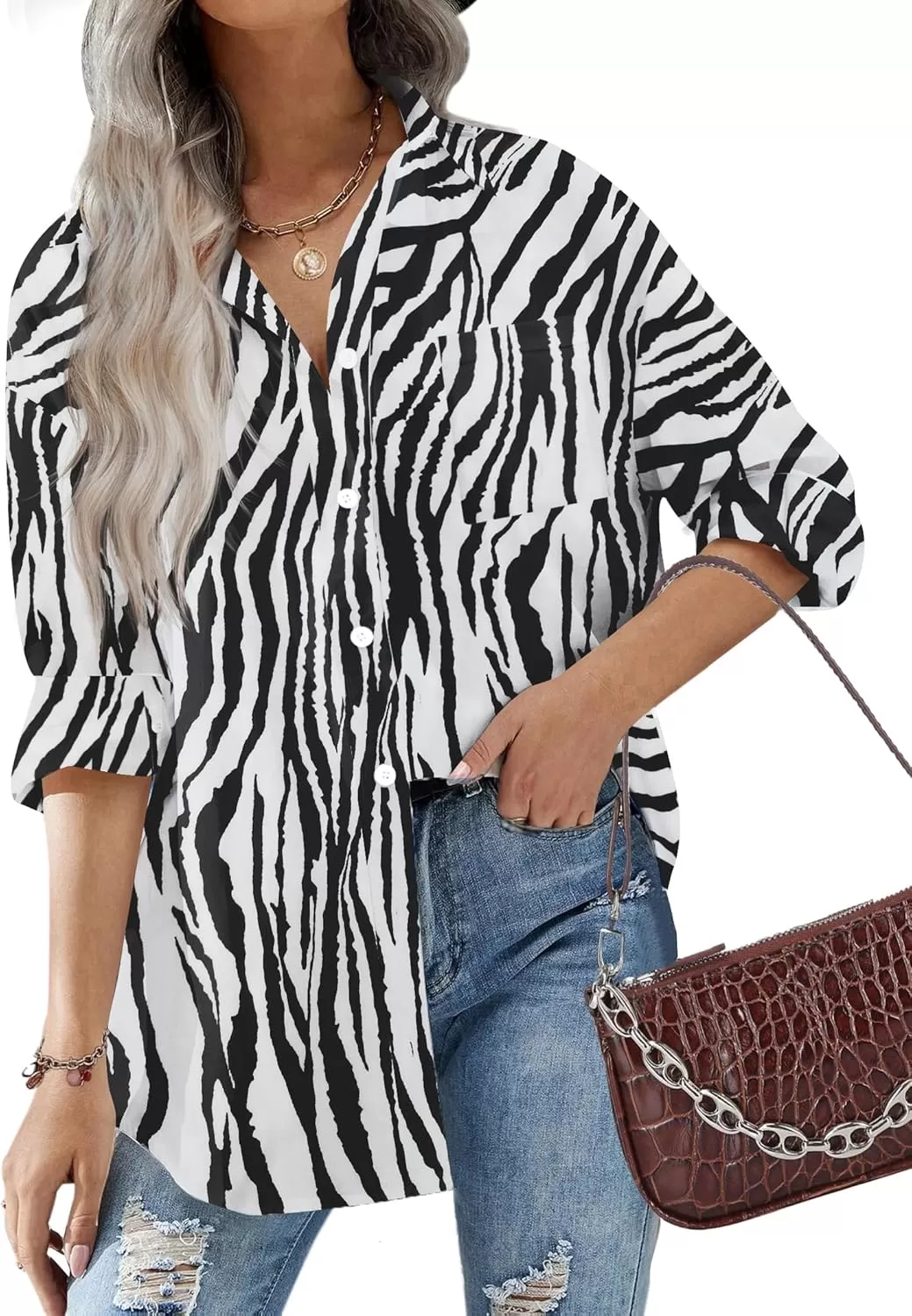 imageHOTOUCH Women Oversized Button Down Shirts Office Drop Shoulder Blouse Long Sleeve Boyfriend Dress Shirt with PocketsZebra