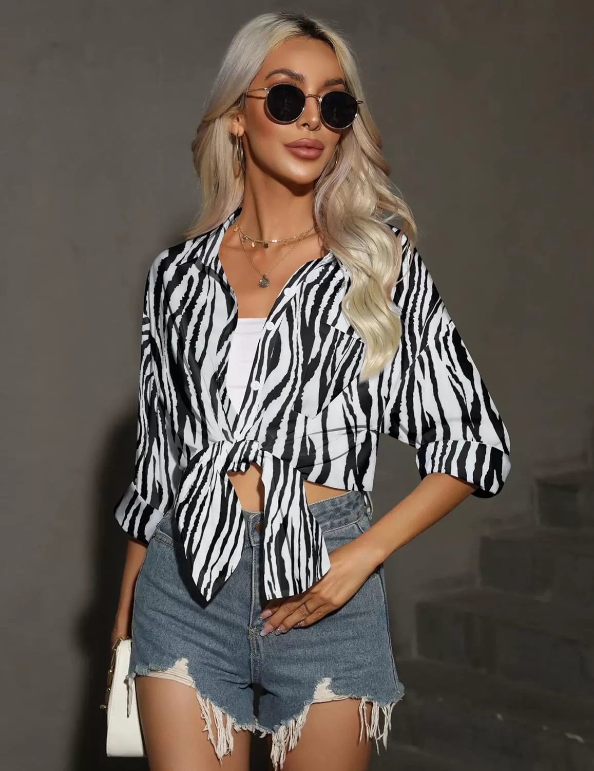 imageHOTOUCH Women Oversized Button Down Shirts Office Drop Shoulder Blouse Long Sleeve Boyfriend Dress Shirt with PocketsZebra