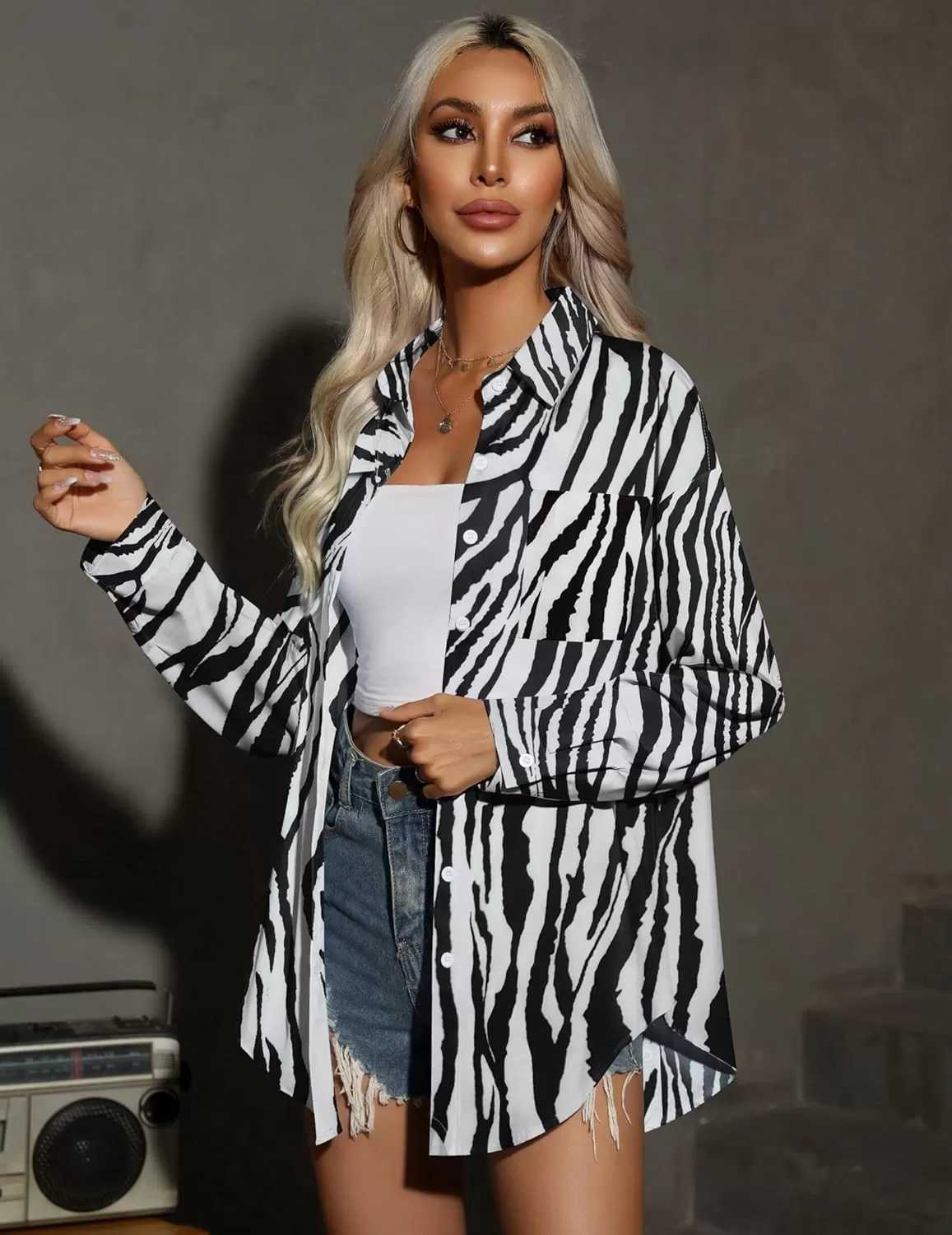 imageHOTOUCH Women Oversized Button Down Shirts Office Drop Shoulder Blouse Long Sleeve Boyfriend Dress Shirt with PocketsZebra