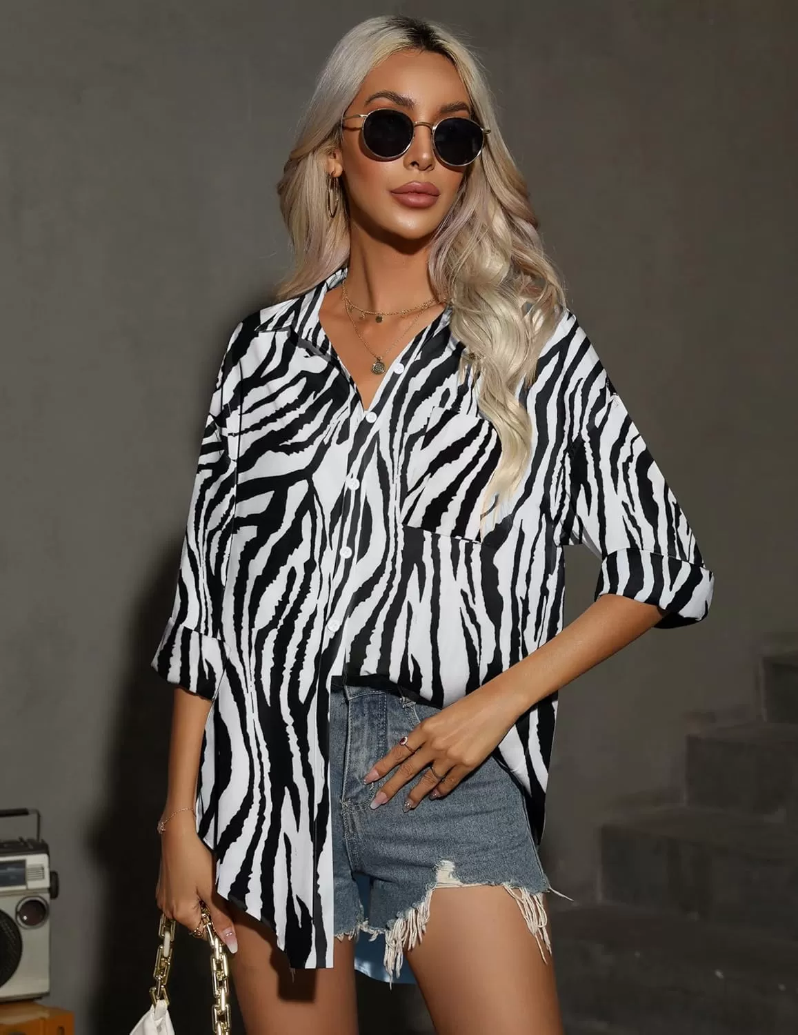 imageHOTOUCH Women Oversized Button Down Shirts Office Drop Shoulder Blouse Long Sleeve Boyfriend Dress Shirt with PocketsZebra