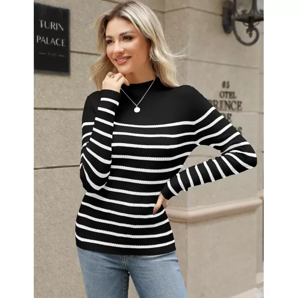 imageHOTOUCH Women Mock Neck Sweater Ribbed Knit Fitted Top Basic Casual Long Sleeve Shirt Fall Fashion Clothing 2024 TrendyBlack White Striped