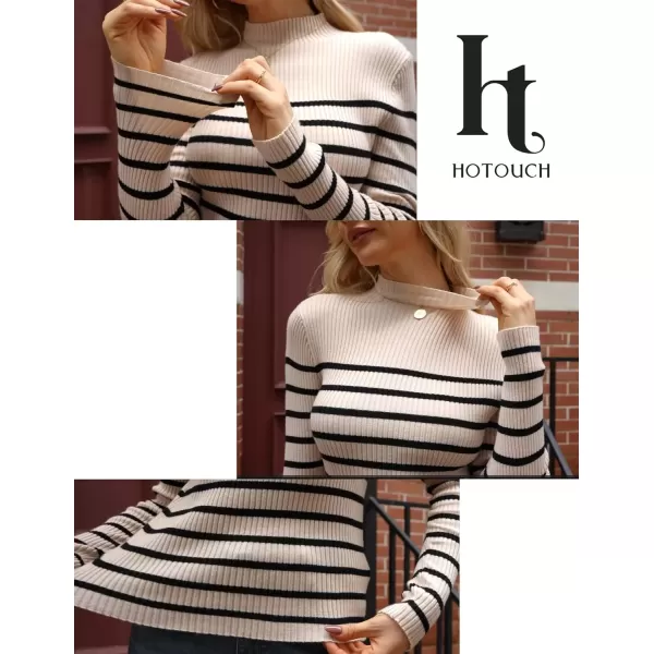 imageHOTOUCH Women Mock Neck Sweater Ribbed Knit Fitted Top Basic Casual Long Sleeve Shirt Fall Fashion Clothing 2024 TrendyBlack White Striped