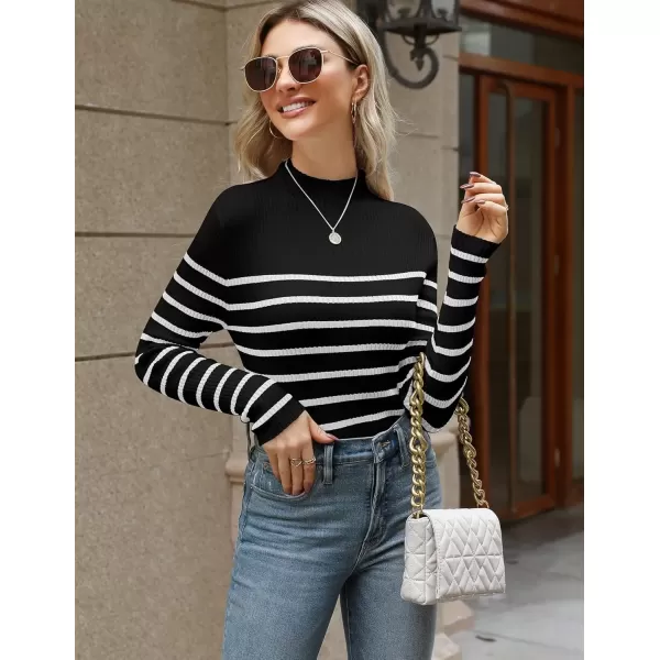 imageHOTOUCH Women Mock Neck Sweater Ribbed Knit Fitted Top Basic Casual Long Sleeve Shirt Fall Fashion Clothing 2024 TrendyBlack White Striped