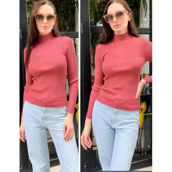 imageHOTOUCH Women Mock Neck Sweater Ribbed Knit Fitted Top Basic Casual Long Sleeve Shirt Fall Fashion Clothing 2024 TrendyBrickred