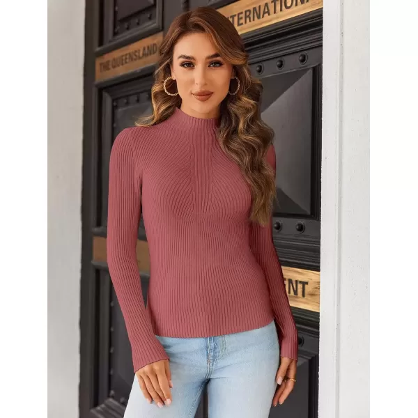 imageHOTOUCH Women Mock Neck Sweater Ribbed Knit Fitted Top Basic Casual Long Sleeve Shirt Fall Fashion Clothing 2024 TrendyBrickred