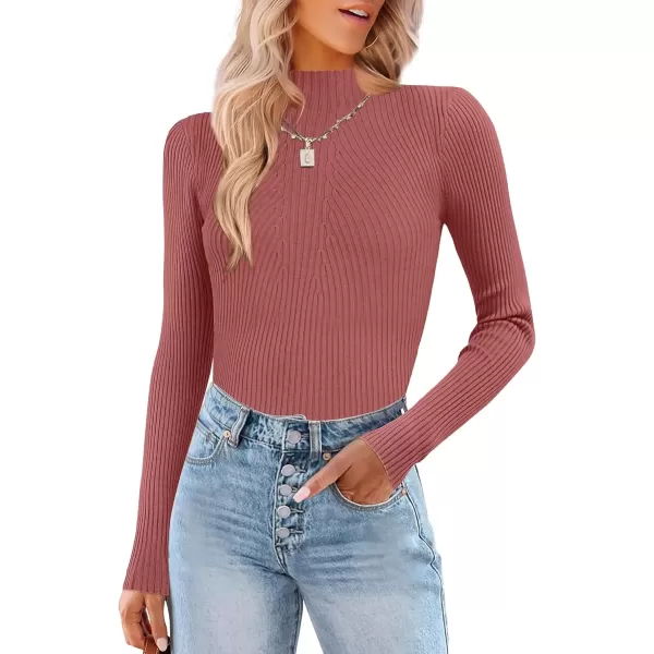 imageHOTOUCH Women Mock Neck Sweater Ribbed Knit Fitted Top Basic Casual Long Sleeve Shirt Fall Fashion Clothing 2024 TrendyBrickred