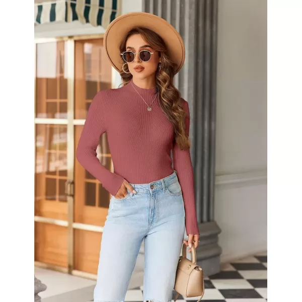 imageHOTOUCH Women Mock Neck Sweater Ribbed Knit Fitted Top Basic Casual Long Sleeve Shirt Fall Fashion Clothing 2024 TrendyBrickred