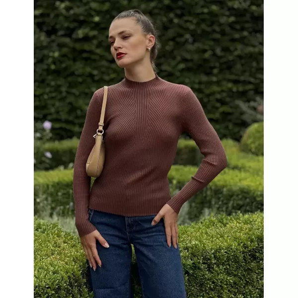 imageHOTOUCH Women Mock Neck Sweater Ribbed Knit Fitted Top Basic Casual Long Sleeve Shirt Fall Fashion Clothing 2024 TrendyBrown