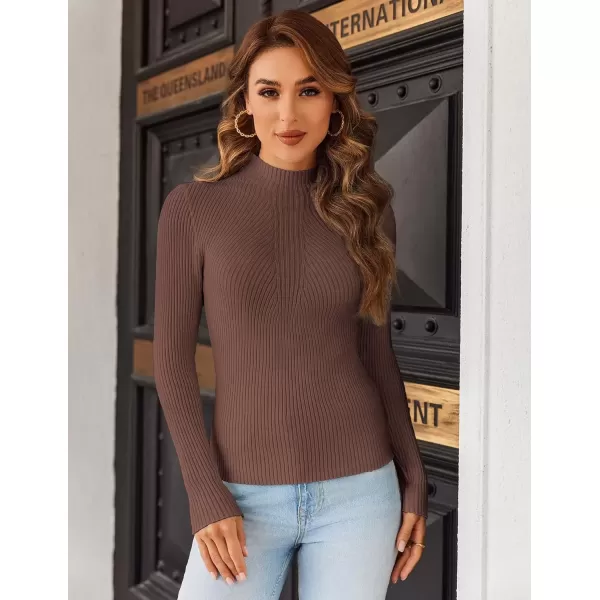 imageHOTOUCH Women Mock Neck Sweater Ribbed Knit Fitted Top Basic Casual Long Sleeve Shirt Fall Fashion Clothing 2024 TrendyBrown