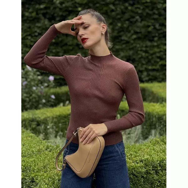 imageHOTOUCH Women Mock Neck Sweater Ribbed Knit Fitted Top Basic Casual Long Sleeve Shirt Fall Fashion Clothing 2024 TrendyBrown