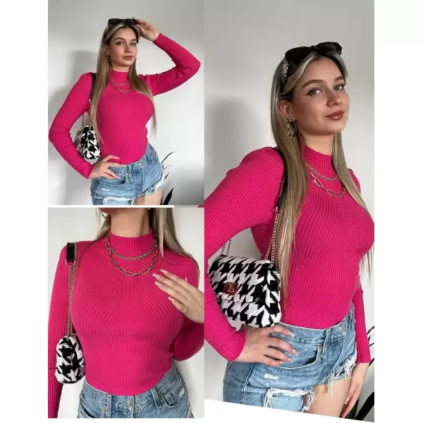 imageHOTOUCH Women Mock Neck Sweater Ribbed Knit Fitted Top Basic Casual Long Sleeve Shirt Fall Fashion Clothing 2024 TrendyHot Pink