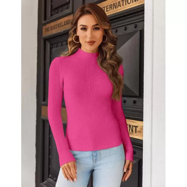 imageHOTOUCH Women Mock Neck Sweater Ribbed Knit Fitted Top Basic Casual Long Sleeve Shirt Fall Fashion Clothing 2024 TrendyHot Pink