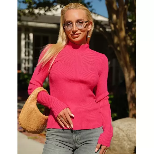 imageHOTOUCH Women Mock Neck Sweater Ribbed Knit Fitted Top Basic Casual Long Sleeve Shirt Fall Fashion Clothing 2024 TrendyHot Pink