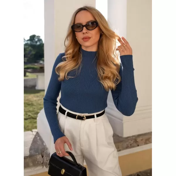 imageHOTOUCH Women Mock Neck Sweater Ribbed Knit Fitted Top Basic Casual Long Sleeve Shirt Fall Fashion Clothing 2024 TrendyNavy