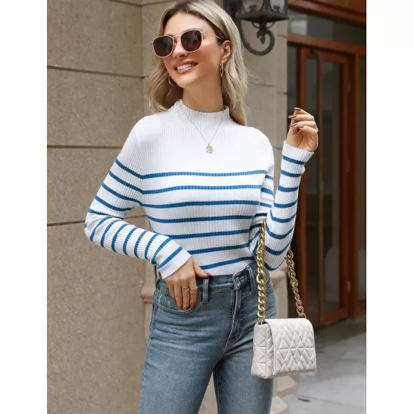 imageHOTOUCH Women Mock Neck Sweater Ribbed Knit Fitted Top Basic Casual Long Sleeve Shirt Fall Fashion Clothing 2024 TrendyWhite Blue Striped