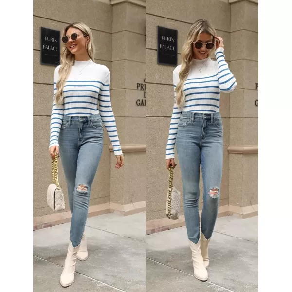 imageHOTOUCH Women Mock Neck Sweater Ribbed Knit Fitted Top Basic Casual Long Sleeve Shirt Fall Fashion Clothing 2024 TrendyWhite Blue Striped