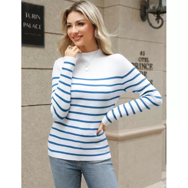 imageHOTOUCH Women Mock Neck Sweater Ribbed Knit Fitted Top Basic Casual Long Sleeve Shirt Fall Fashion Clothing 2024 TrendyWhite Blue Striped