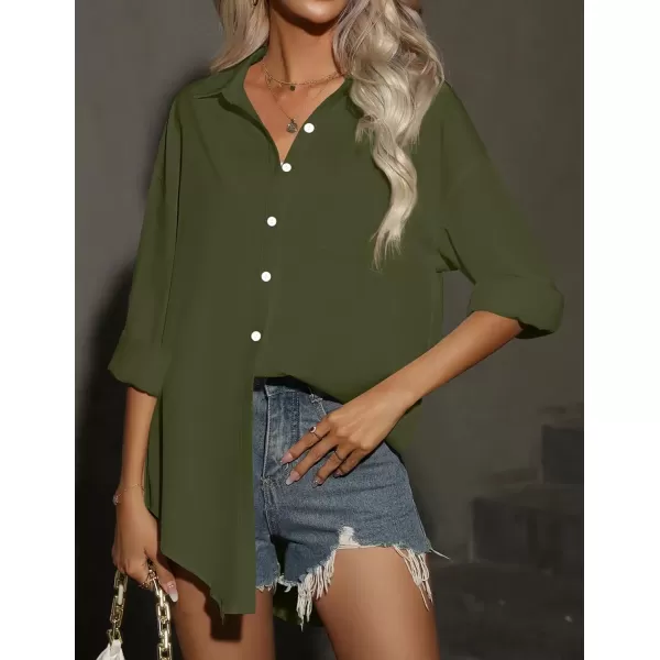 imageHOTOUCH Women Oversized Button Down Shirts Office Drop Shoulder Blouse Long Sleeve Boyfriend Dress Shirt with PocketsArmy Green