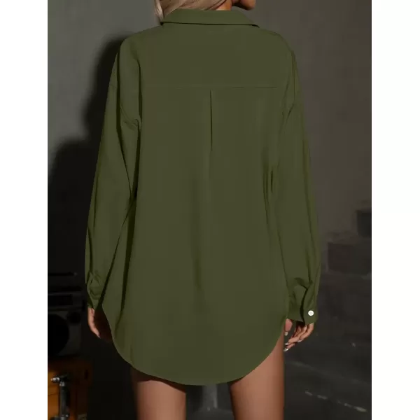 imageHOTOUCH Women Oversized Button Down Shirts Office Drop Shoulder Blouse Long Sleeve Boyfriend Dress Shirt with PocketsArmy Green