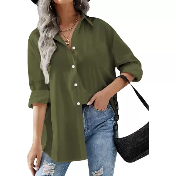 imageHOTOUCH Women Oversized Button Down Shirts Office Drop Shoulder Blouse Long Sleeve Boyfriend Dress Shirt with PocketsArmy Green