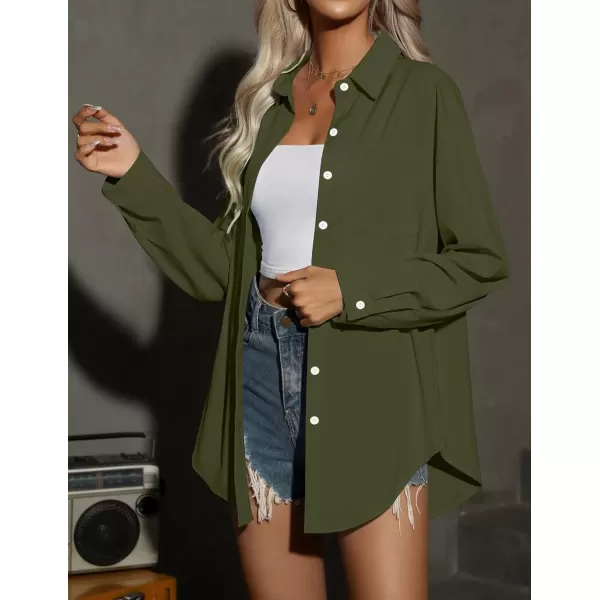 imageHOTOUCH Women Oversized Button Down Shirts Office Drop Shoulder Blouse Long Sleeve Boyfriend Dress Shirt with PocketsArmy Green