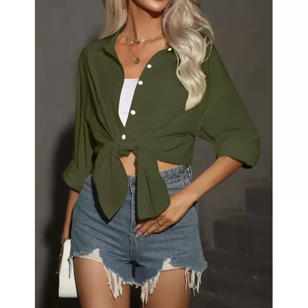 imageHOTOUCH Women Oversized Button Down Shirts Office Drop Shoulder Blouse Long Sleeve Boyfriend Dress Shirt with PocketsArmy Green