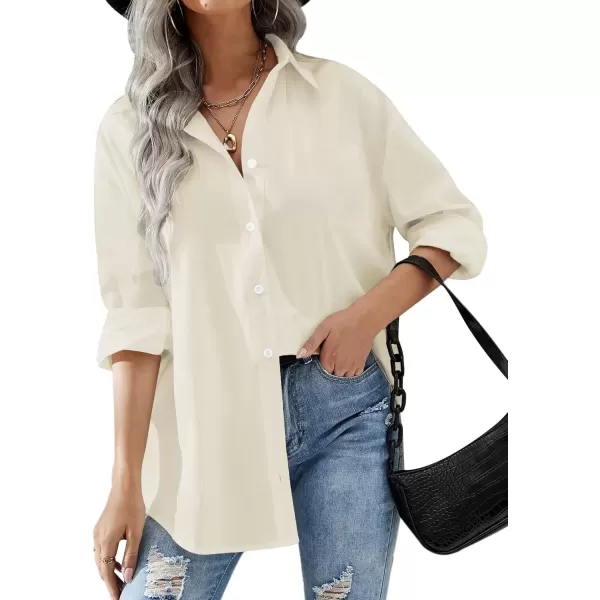 imageHOTOUCH Women Oversized Button Down Shirts Office Drop Shoulder Blouse Long Sleeve Boyfriend Dress Shirt with PocketsBeige