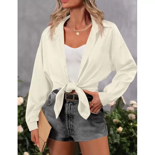 imageHOTOUCH Women Oversized Button Down Shirts Office Drop Shoulder Blouse Long Sleeve Boyfriend Dress Shirt with PocketsBeige