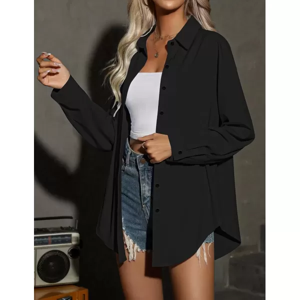 imageHOTOUCH Women Oversized Button Down Shirts Office Drop Shoulder Blouse Long Sleeve Boyfriend Dress Shirt with PocketsBlack