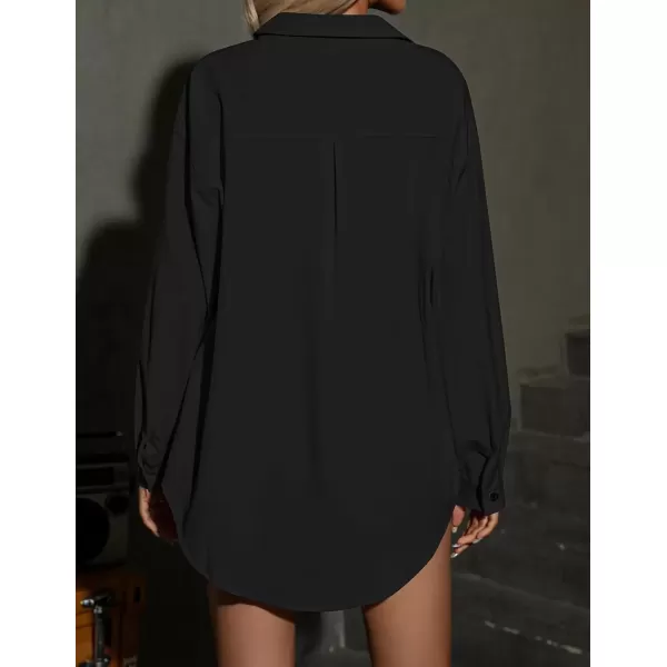 imageHOTOUCH Women Oversized Button Down Shirts Office Drop Shoulder Blouse Long Sleeve Boyfriend Dress Shirt with PocketsBlack
