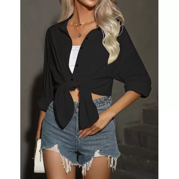 imageHOTOUCH Women Oversized Button Down Shirts Office Drop Shoulder Blouse Long Sleeve Boyfriend Dress Shirt with PocketsBlack