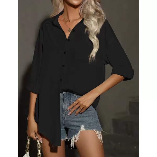 imageHOTOUCH Women Oversized Button Down Shirts Office Drop Shoulder Blouse Long Sleeve Boyfriend Dress Shirt with PocketsBlack