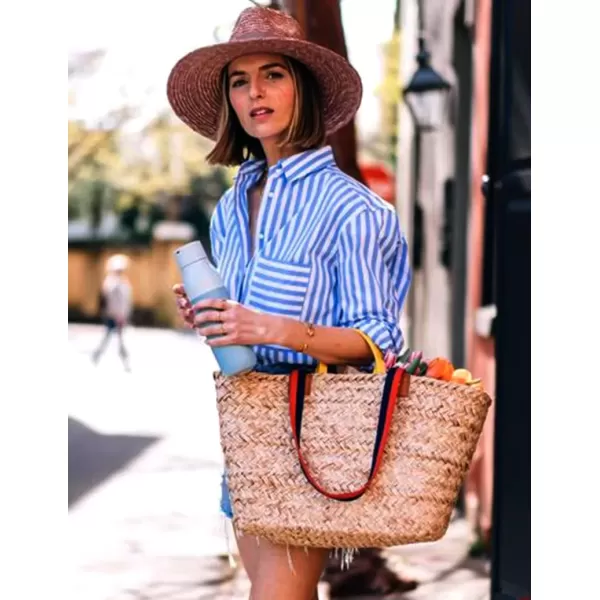 imageHOTOUCH Women Oversized Button Down Shirts Office Drop Shoulder Blouse Long Sleeve Boyfriend Dress Shirt with PocketsBlue Stripes