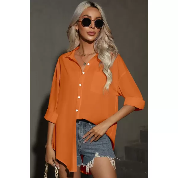 imageHOTOUCH Women Oversized Button Down Shirts Office Drop Shoulder Blouse Long Sleeve Boyfriend Dress Shirt with PocketsBurnt Orange