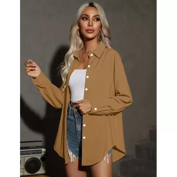 imageHOTOUCH Women Oversized Button Down Shirts Office Drop Shoulder Blouse Long Sleeve Boyfriend Dress Shirt with PocketsDark Khaki