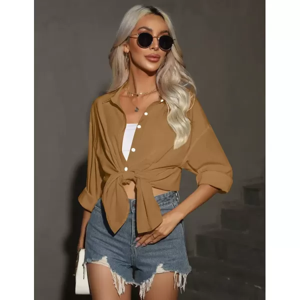 imageHOTOUCH Women Oversized Button Down Shirts Office Drop Shoulder Blouse Long Sleeve Boyfriend Dress Shirt with PocketsDark Khaki