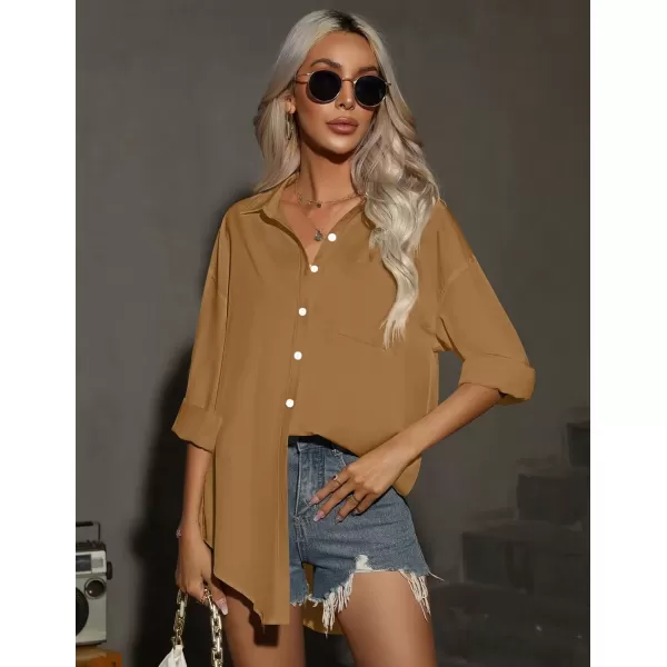 imageHOTOUCH Women Oversized Button Down Shirts Office Drop Shoulder Blouse Long Sleeve Boyfriend Dress Shirt with PocketsDark Khaki