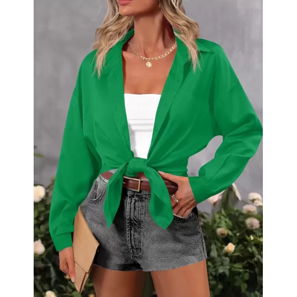 imageHOTOUCH Women Oversized Button Down Shirts Office Drop Shoulder Blouse Long Sleeve Boyfriend Dress Shirt with PocketsGreen