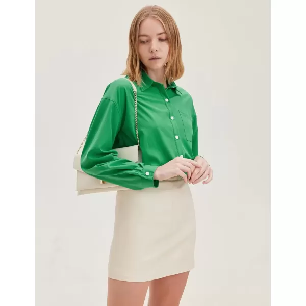 imageHOTOUCH Women Oversized Button Down Shirts Office Drop Shoulder Blouse Long Sleeve Boyfriend Dress Shirt with PocketsGreen