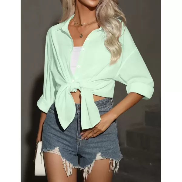 imageHOTOUCH Women Oversized Button Down Shirts Office Drop Shoulder Blouse Long Sleeve Boyfriend Dress Shirt with PocketsLight Green