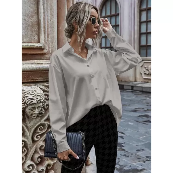 imageHOTOUCH Women Oversized Button Down Shirts Office Drop Shoulder Blouse Long Sleeve Boyfriend Dress Shirt with PocketsLight Grey