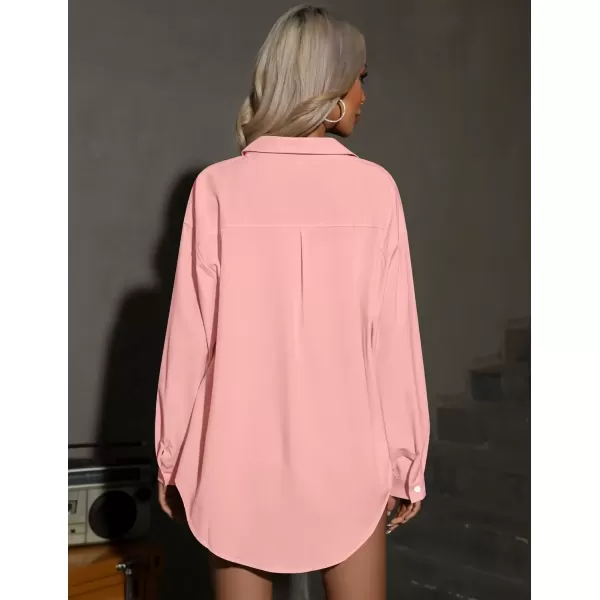 imageHOTOUCH Women Oversized Button Down Shirts Office Drop Shoulder Blouse Long Sleeve Boyfriend Dress Shirt with PocketsLight Pink