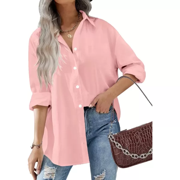 imageHOTOUCH Women Oversized Button Down Shirts Office Drop Shoulder Blouse Long Sleeve Boyfriend Dress Shirt with PocketsLight Pink