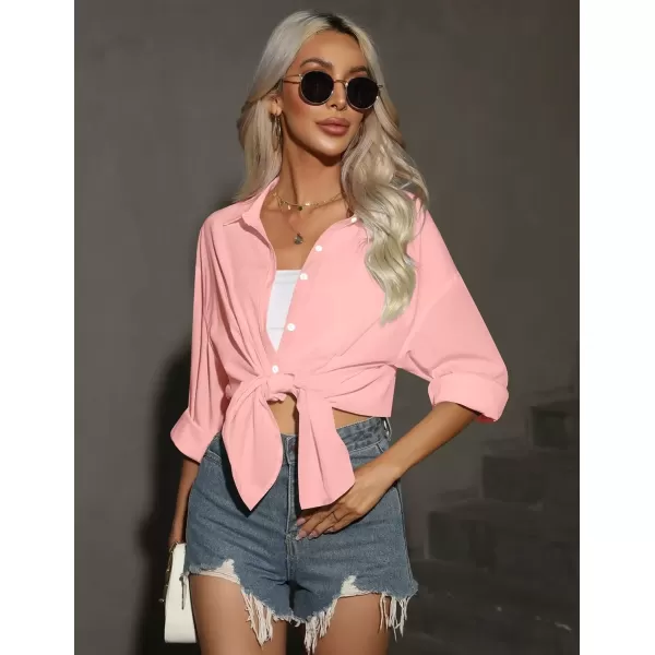 imageHOTOUCH Women Oversized Button Down Shirts Office Drop Shoulder Blouse Long Sleeve Boyfriend Dress Shirt with PocketsLight Pink