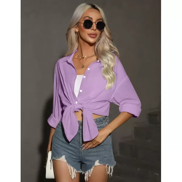 imageHOTOUCH Women Oversized Button Down Shirts Office Drop Shoulder Blouse Long Sleeve Boyfriend Dress Shirt with PocketsPurple