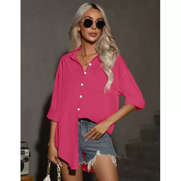 imageHOTOUCH Women Oversized Button Down Shirts Office Drop Shoulder Blouse Long Sleeve Boyfriend Dress Shirt with PocketsRose Red