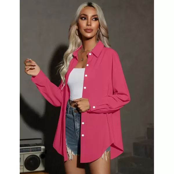 imageHOTOUCH Women Oversized Button Down Shirts Office Drop Shoulder Blouse Long Sleeve Boyfriend Dress Shirt with PocketsRose Red
