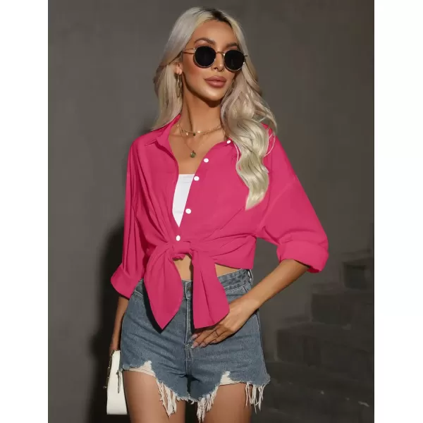 imageHOTOUCH Women Oversized Button Down Shirts Office Drop Shoulder Blouse Long Sleeve Boyfriend Dress Shirt with PocketsRose Red