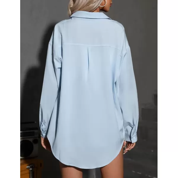 imageHOTOUCH Women Oversized Button Down Shirts Office Drop Shoulder Blouse Long Sleeve Boyfriend Dress Shirt with PocketsSky Blue