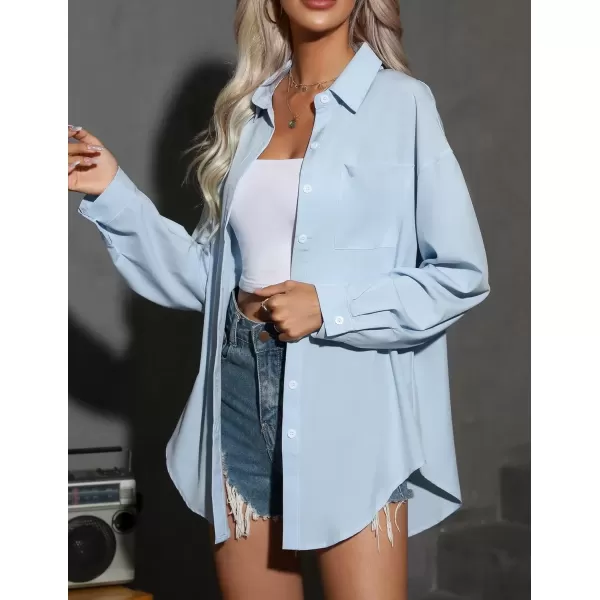 imageHOTOUCH Women Oversized Button Down Shirts Office Drop Shoulder Blouse Long Sleeve Boyfriend Dress Shirt with PocketsSky Blue